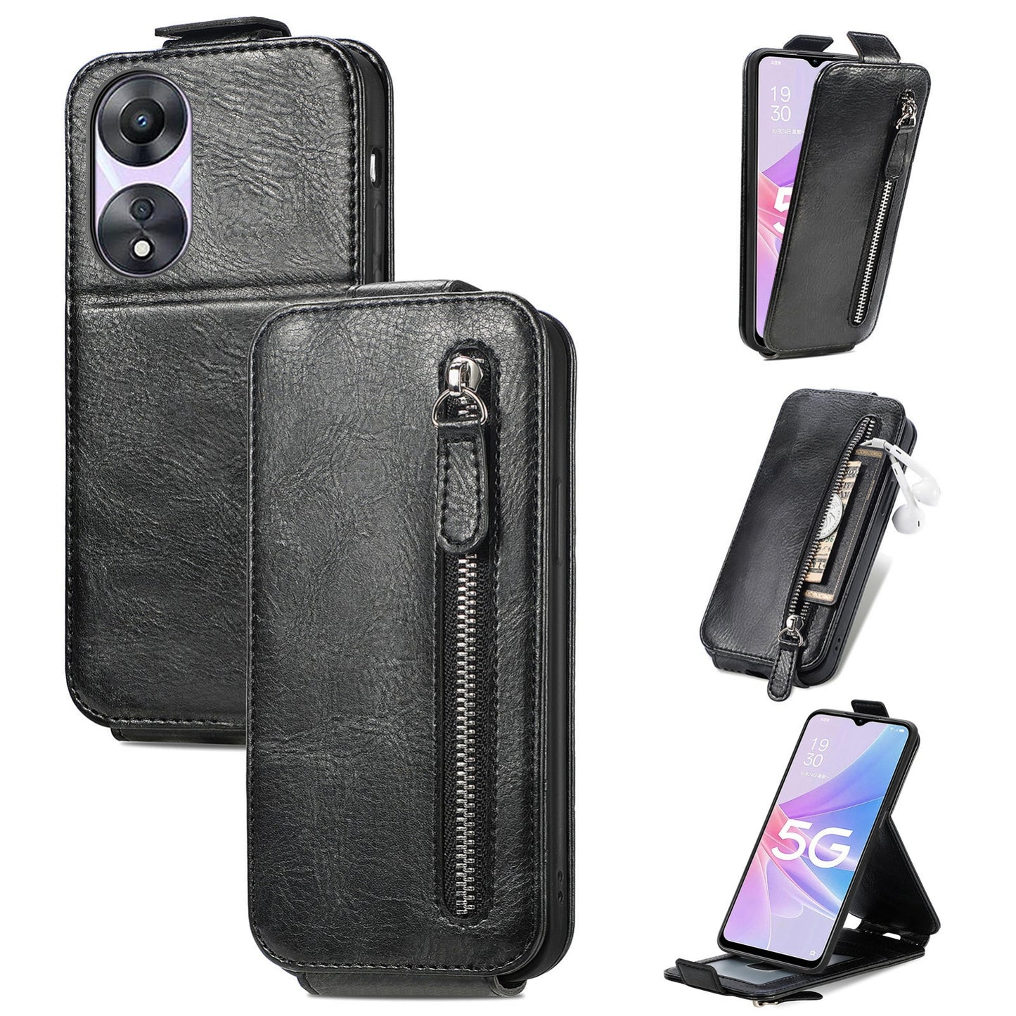 OPPO A78 5G Zipper Wallet Case - Vertical Flip Leather Phone Cover with Multiple Card Slots and Stand