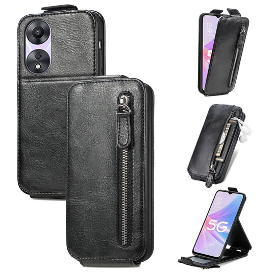 OPPO A78 5G Zipper Wallet Case - Vertical Flip Leather Phone Cover with Multiple Card Slots and Stand