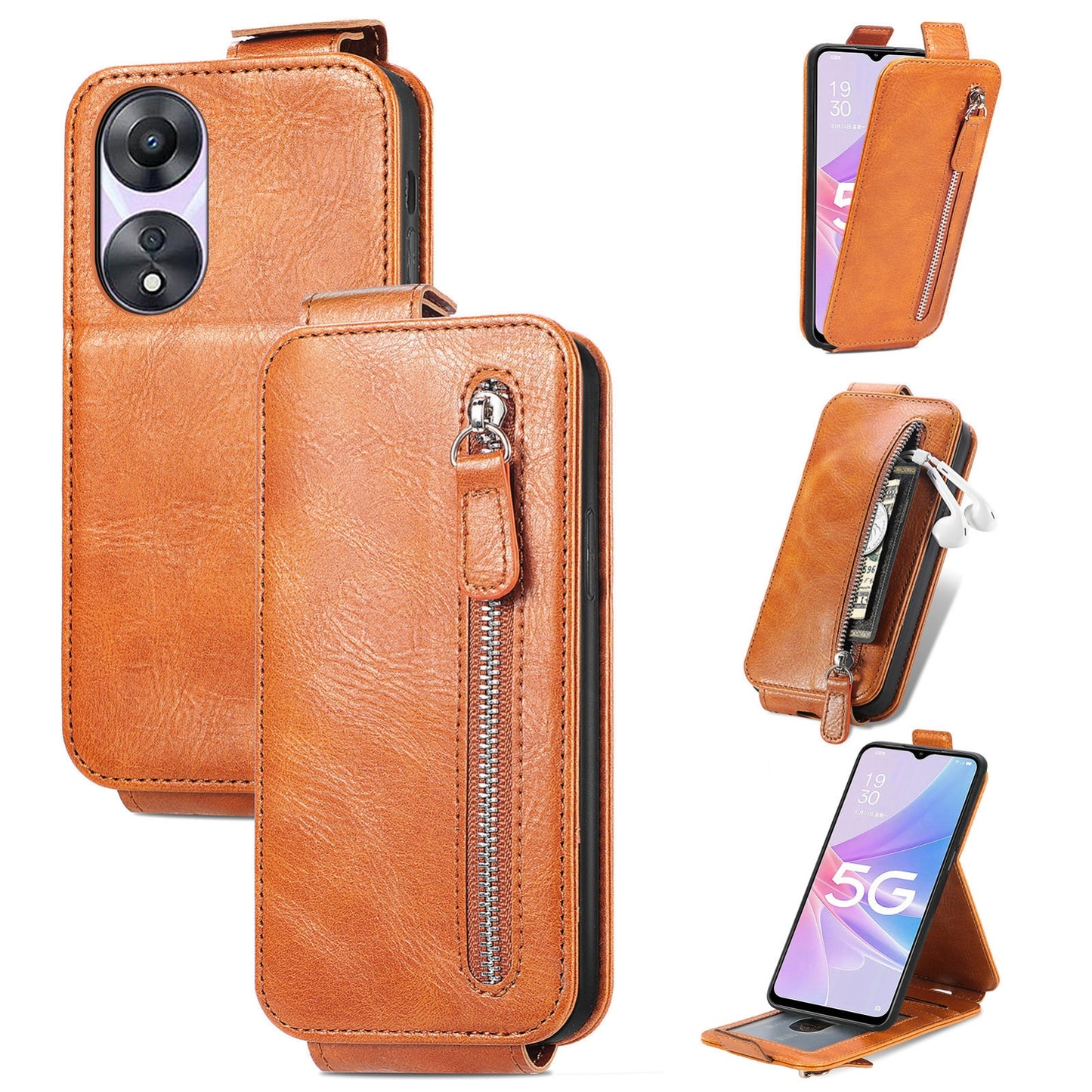 OPPO A78 5G Zipper Wallet Case - Vertical Flip Leather Phone Cover with Multiple Card Slots and Stand