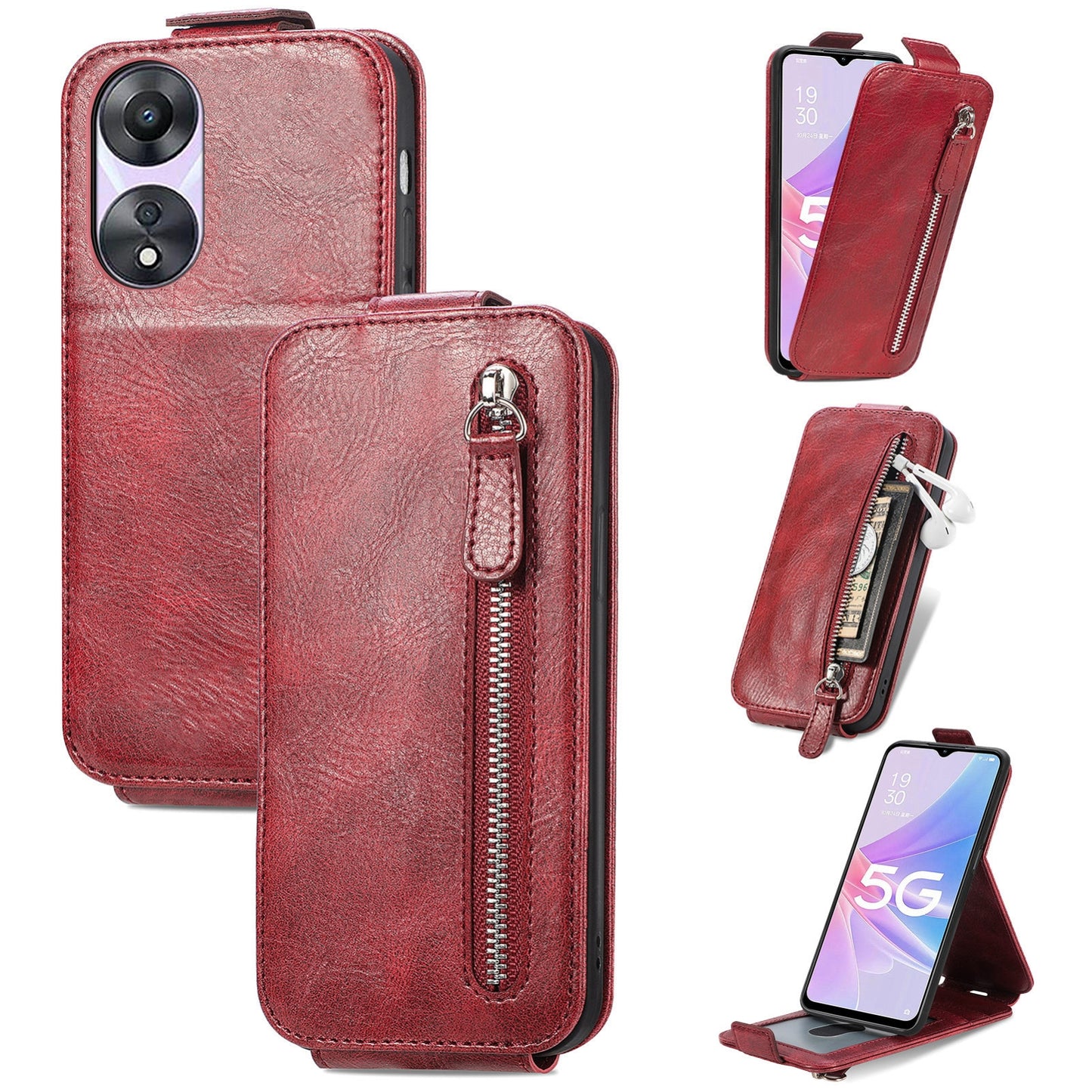 OPPO A78 5G Zipper Wallet Case - Vertical Flip Leather Phone Cover with Multiple Card Slots and Stand