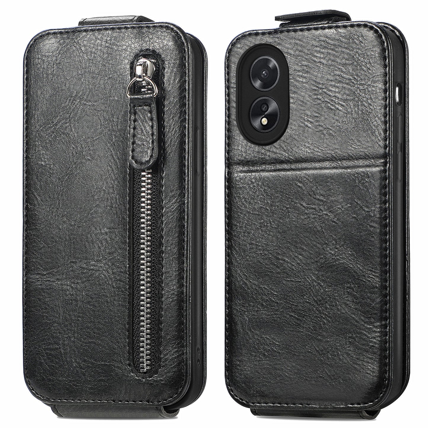 OPPO A38 Zipper Wallet Case - Vertical Flip Leather Phone Cover with Multiple Card Slots and Stand