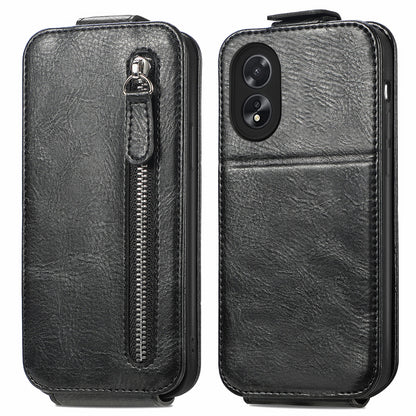 OPPO A38 Zipper Wallet Case - Vertical Flip Leather Phone Cover with Multiple Card Slots and Stand
