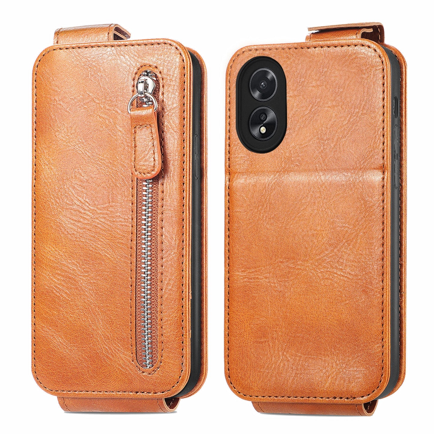 OPPO A38 Zipper Wallet Case - Vertical Flip Leather Phone Cover with Multiple Card Slots and Stand