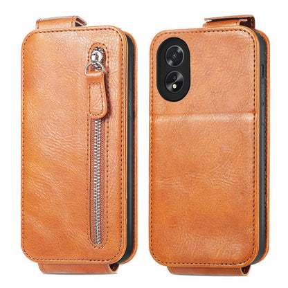 OPPO A38 Zipper Wallet Case - Vertical Flip Leather Phone Cover with Multiple Card Slots and Stand