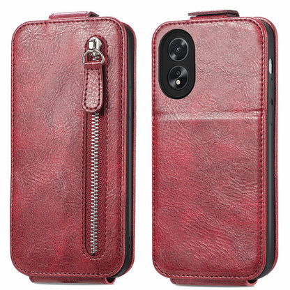 OPPO A38 Zipper Wallet Case - Vertical Flip Leather Phone Cover with Multiple Card Slots and Stand