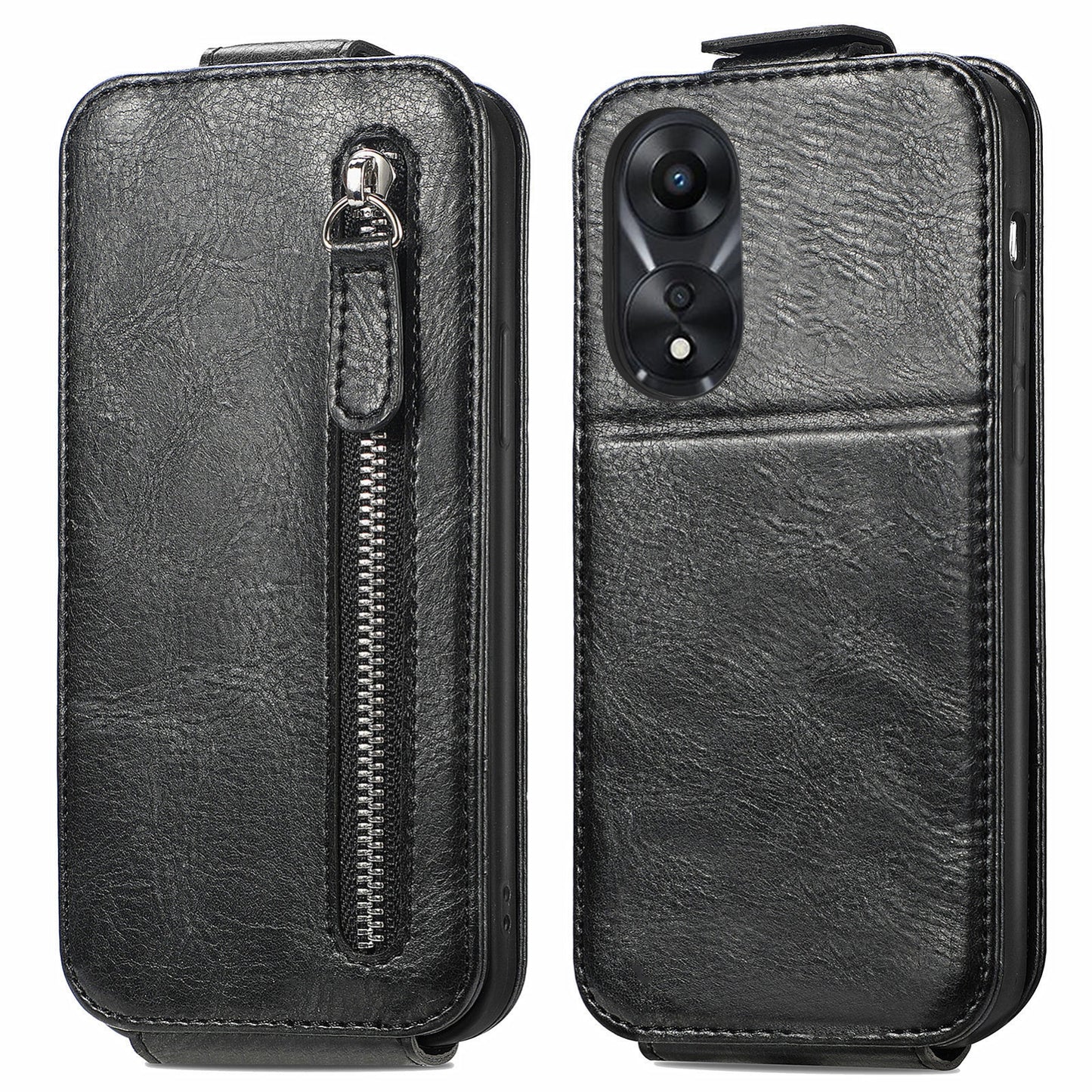 OPPO A58 Zipper Wallet Case - Vertical Flip Leather Phone Cover with Multiple Card Slots and Stand