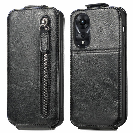 OPPO A58 Zipper Wallet Case - Vertical Flip Leather Phone Cover with Multiple Card Slots and Stand