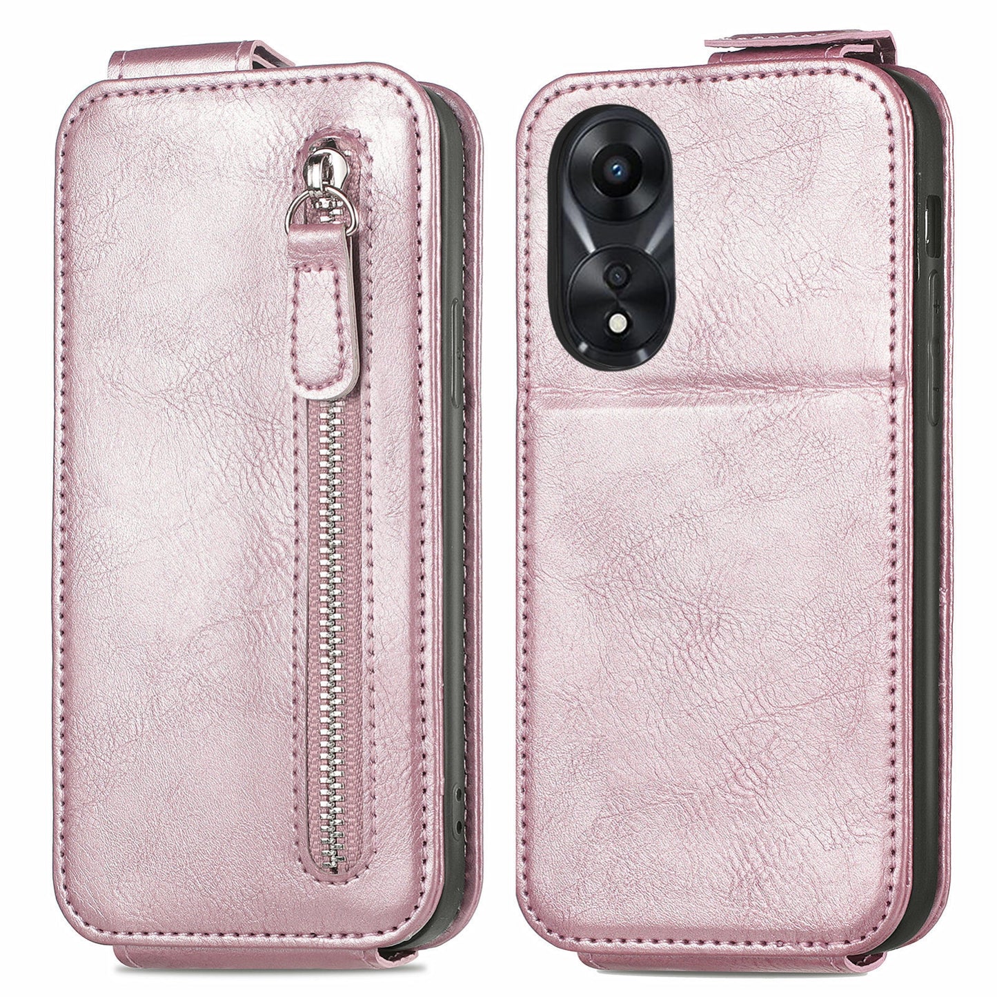 OPPO A58 Zipper Wallet Case - Vertical Flip Leather Phone Cover with Multiple Card Slots and Stand