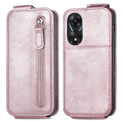 OPPO A58 Zipper Wallet Case - Vertical Flip Leather Phone Cover with Multiple Card Slots and Stand