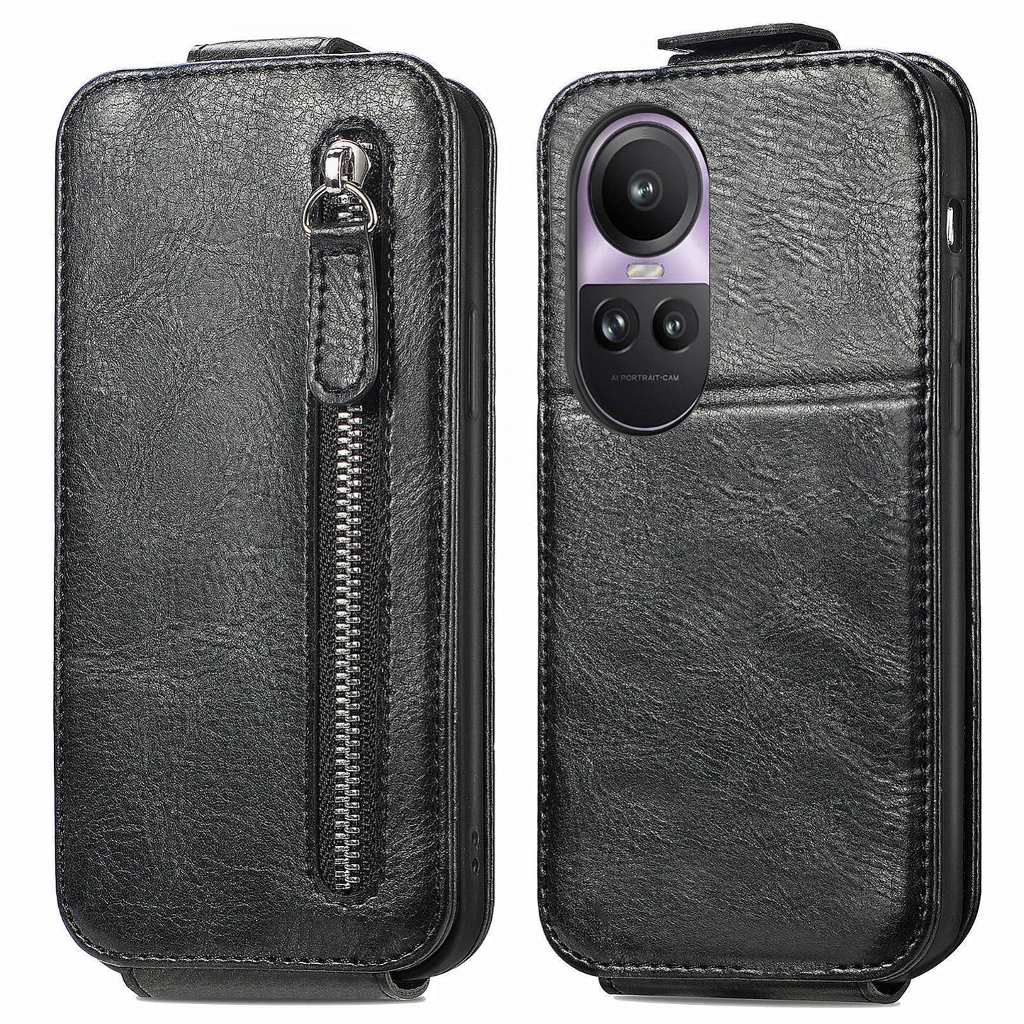 OPPO Reno 10 Pro 5G Zipper Wallet Case - Vertical Flip Leather Phone Cover with Multiple Card Slots and Stand