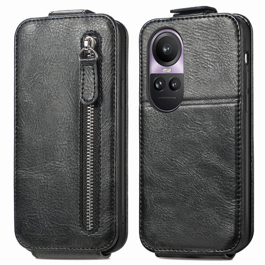 OPPO Reno 10 Pro 5G Zipper Wallet Case - Vertical Flip Leather Phone Cover with Multiple Card Slots and Stand