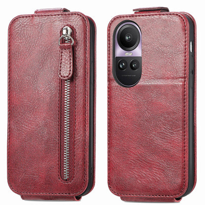 OPPO Reno 10 Pro 5G Zipper Wallet Case - Vertical Flip Leather Phone Cover with Multiple Card Slots and Stand