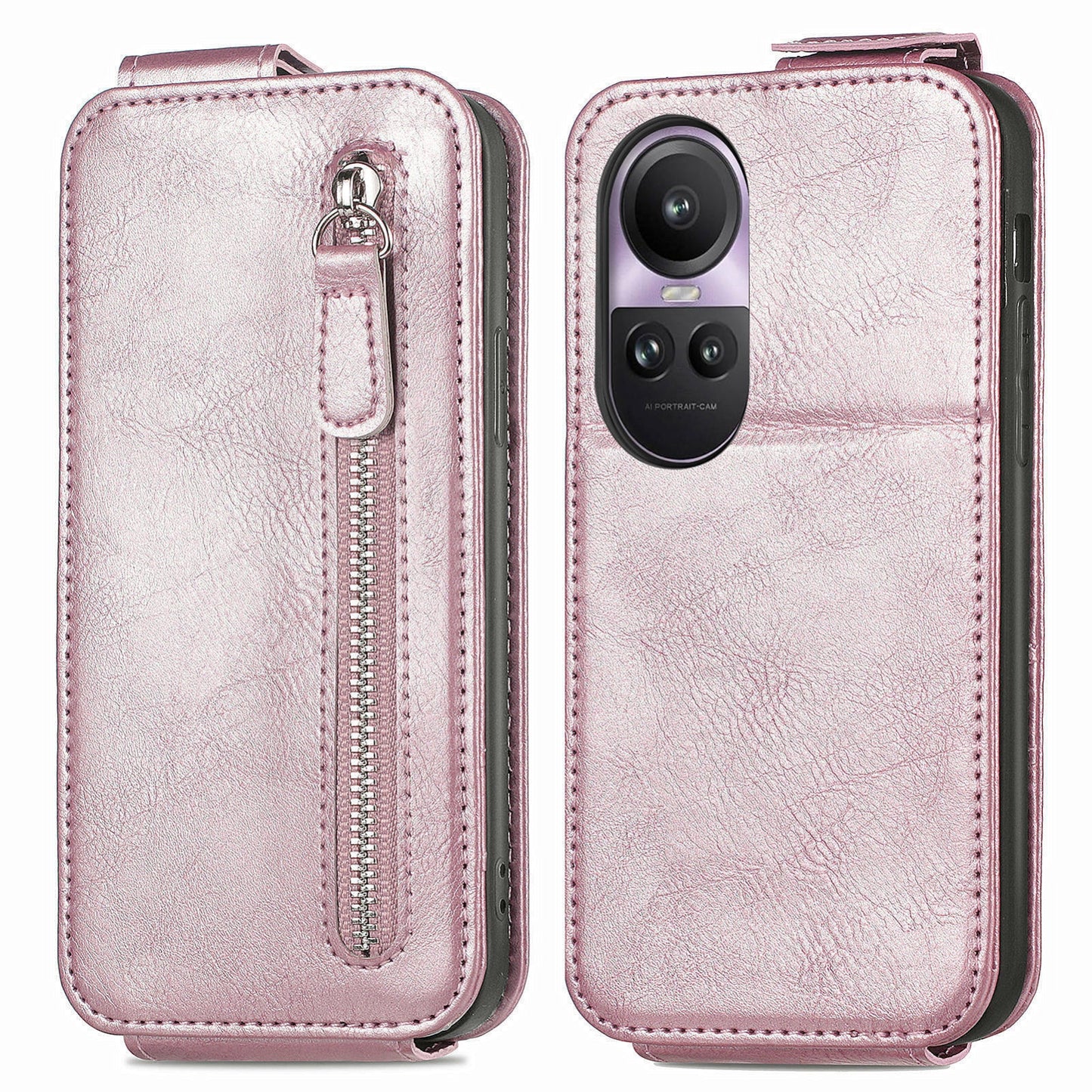 OPPO Reno 10 Pro 5G Zipper Wallet Case - Vertical Flip Leather Phone Cover with Multiple Card Slots and Stand