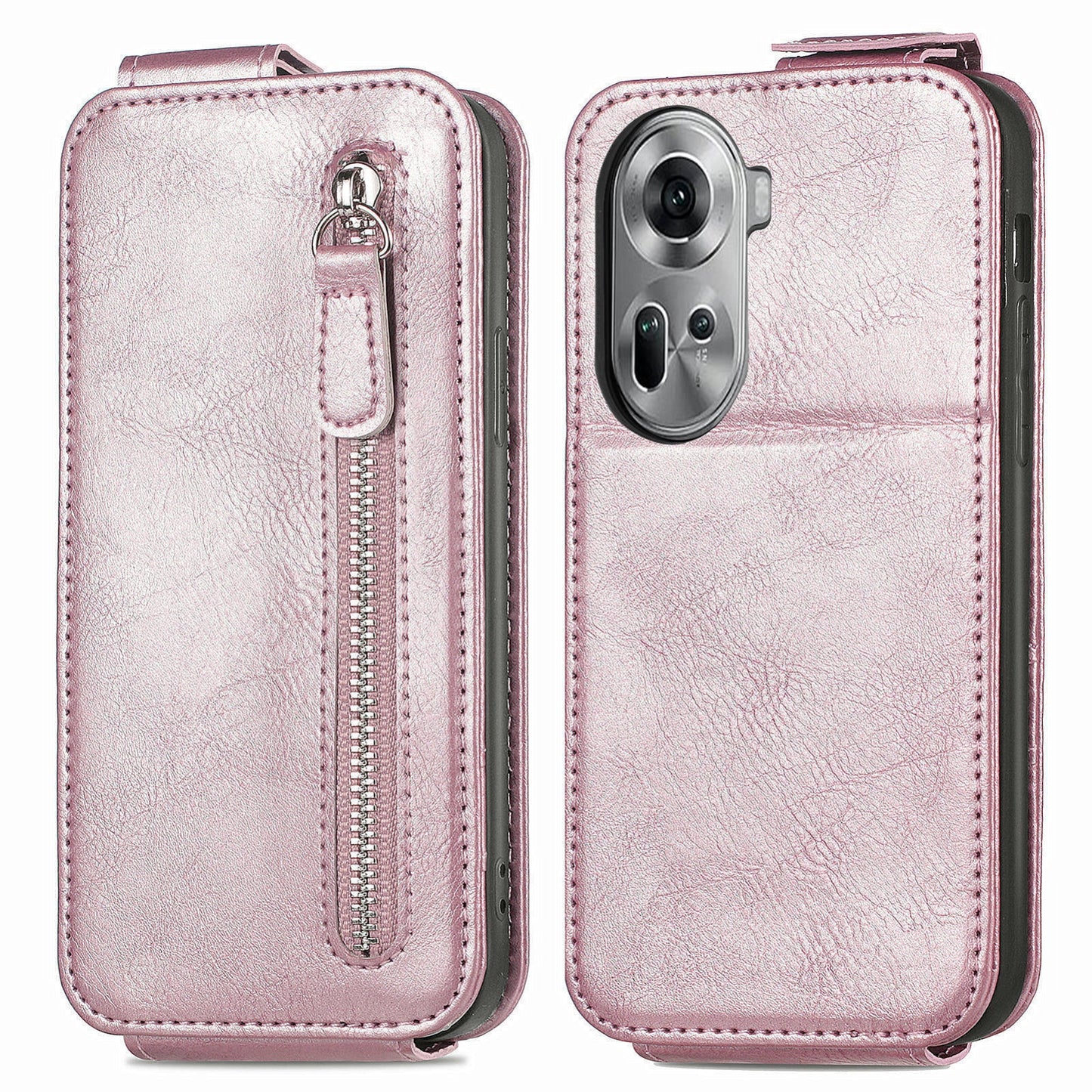 OPPO Reno11 EU Zipper Wallet Case - Vertical Flip Leather Phone Cover with Multiple Card Slots and Stand