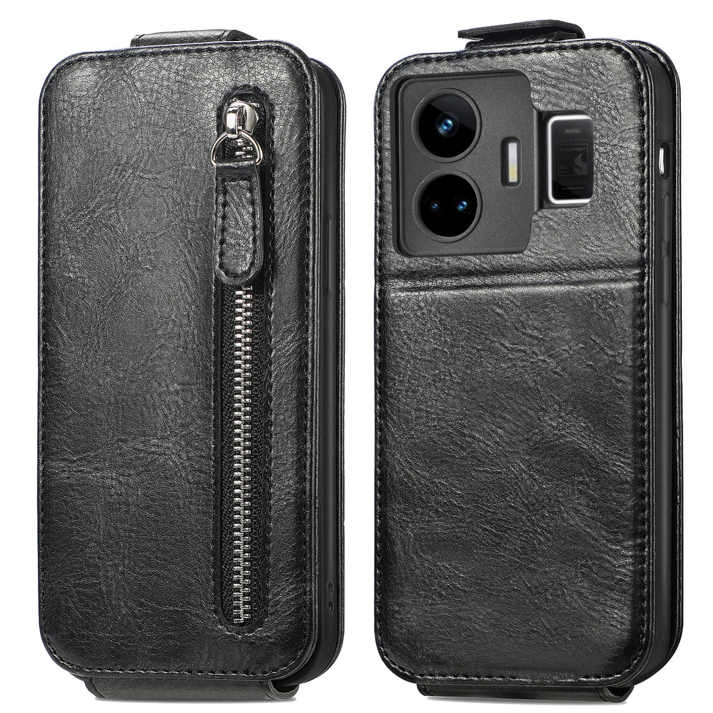 Realme GT Neo 5 Zipper Wallet Case - Vertical Flip Leather Phone Cover with Multiple Card Slots and Stand