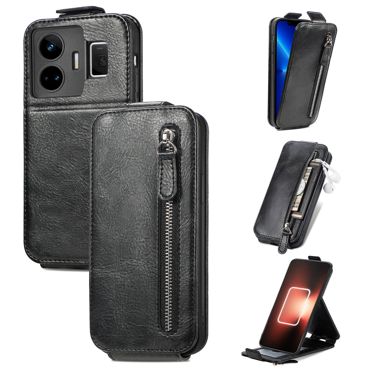 Realme GT Neo 5 Zipper Wallet Case - Vertical Flip Leather Phone Cover with Multiple Card Slots and Stand