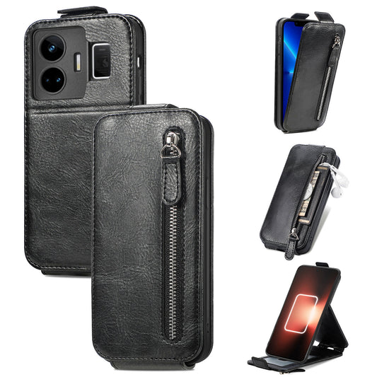 Realme GT Neo 5 Zipper Wallet Case - Vertical Flip Leather Phone Cover with Multiple Card Slots and Stand