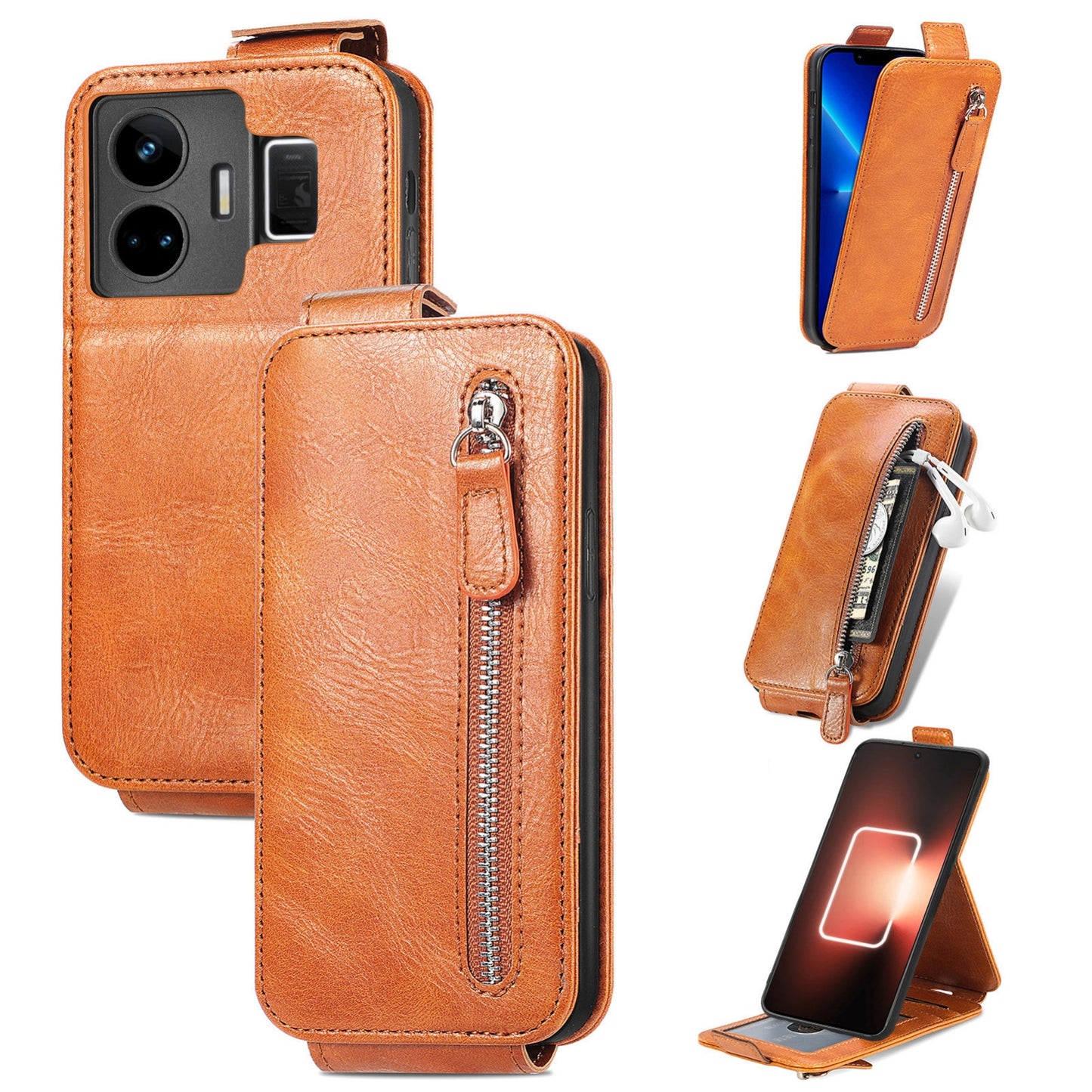 Realme GT Neo 5 Zipper Wallet Case - Vertical Flip Leather Phone Cover with Multiple Card Slots and Stand