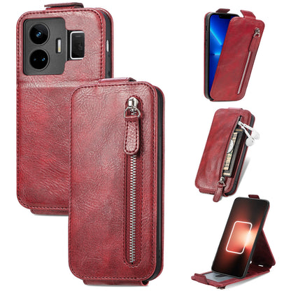 Realme GT Neo 5 Zipper Wallet Case - Vertical Flip Leather Phone Cover with Multiple Card Slots and Stand