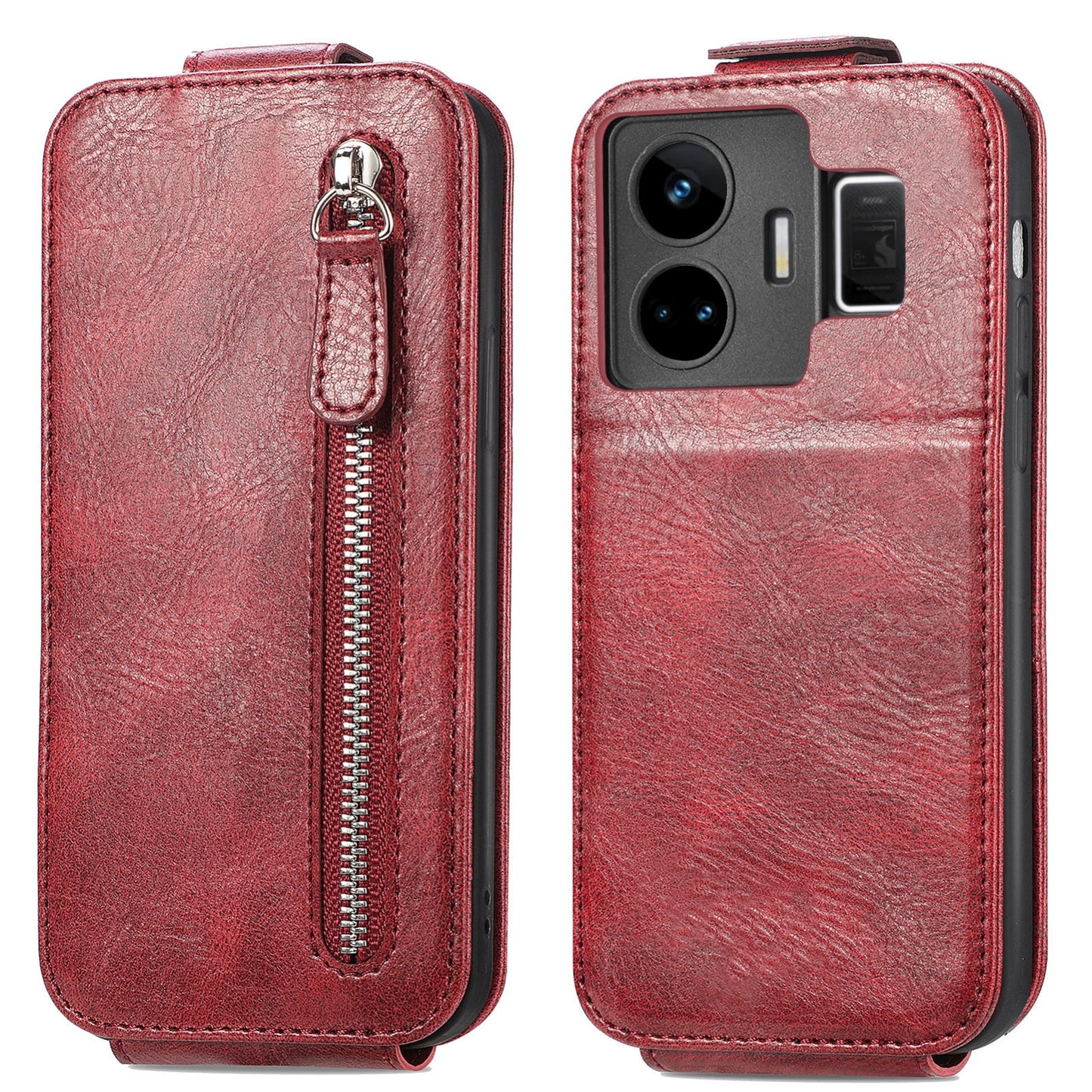 Realme GT Neo 5 Zipper Wallet Case - Vertical Flip Leather Phone Cover with Multiple Card Slots and Stand