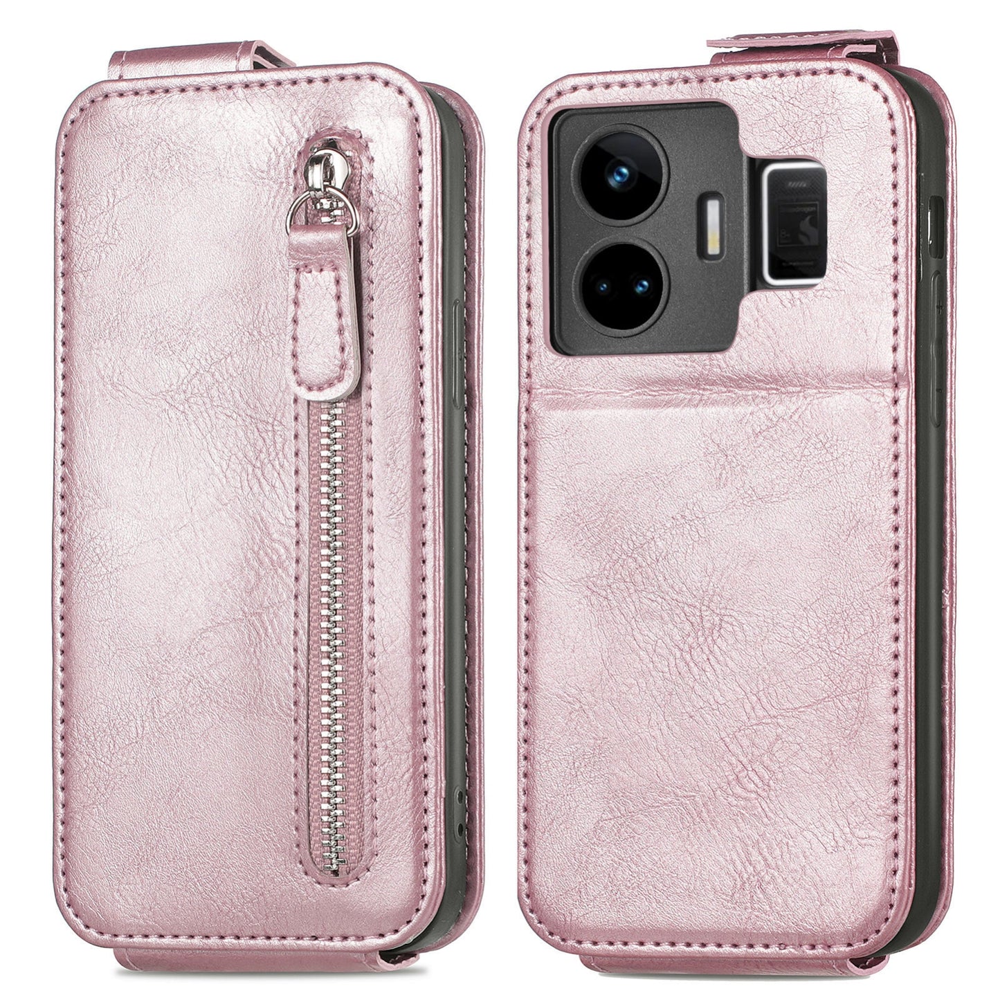 Realme GT Neo 5 Zipper Wallet Case - Vertical Flip Leather Phone Cover with Multiple Card Slots and Stand