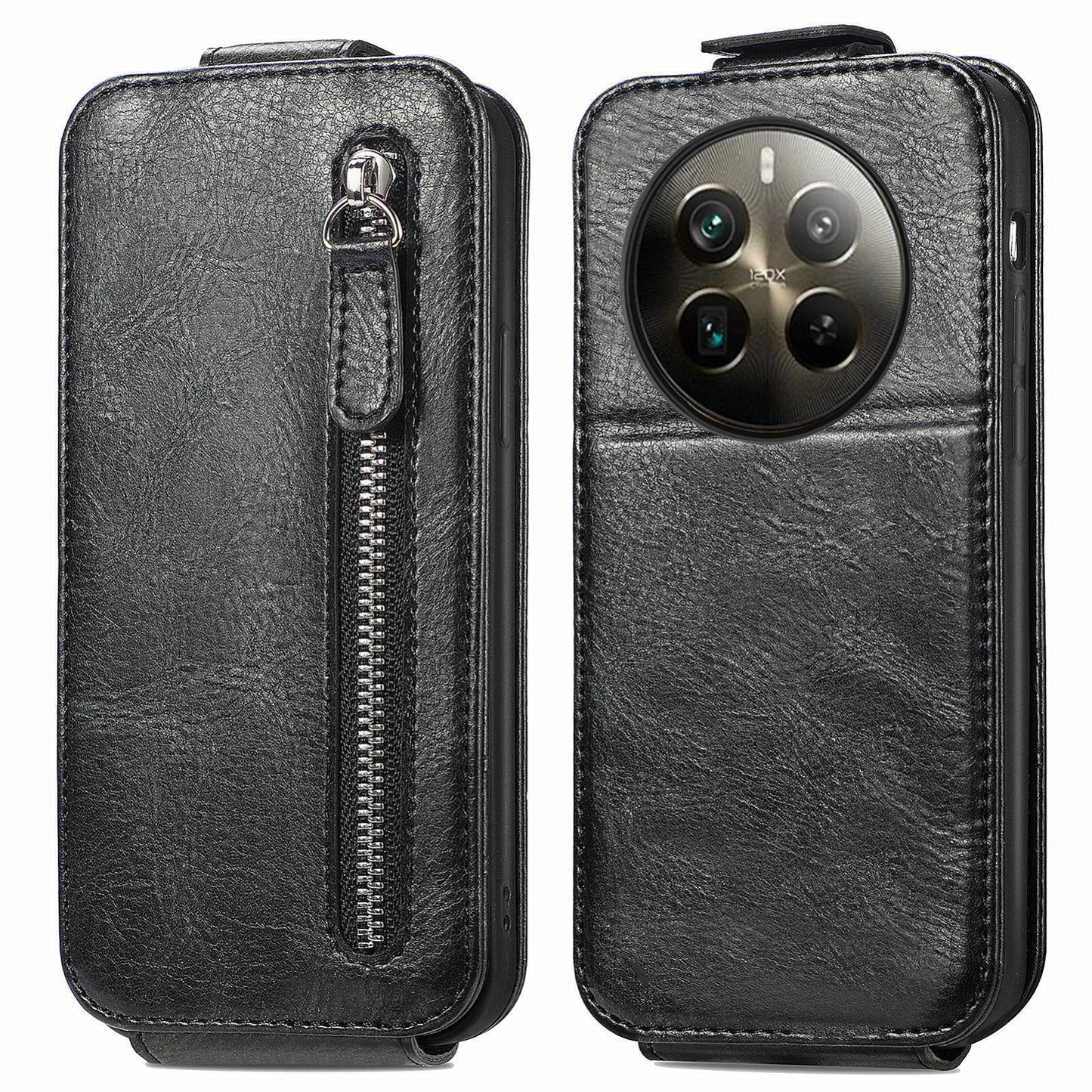 Realme 12 Pro+ Zipper Wallet Case - Vertical Flip Leather Phone Cover with Multiple Card Slots and Stand