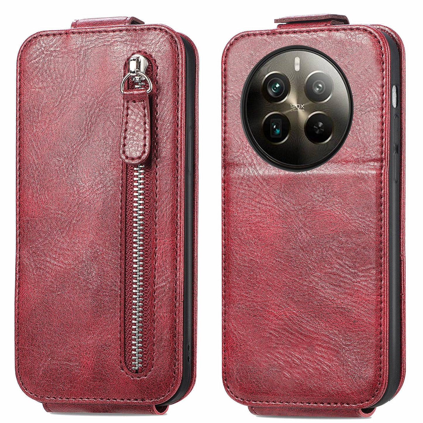 Realme 12 Pro+ Zipper Wallet Case - Vertical Flip Leather Phone Cover with Multiple Card Slots and Stand