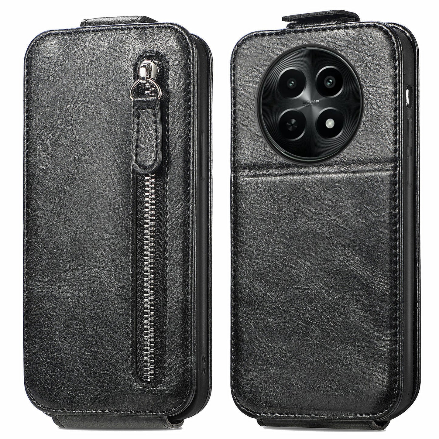 Realme 12 Zipper Wallet Case - Vertical Flip Leather Phone Cover with Multiple Card Slots and Stand