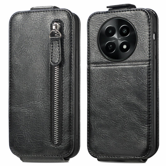 Realme 12 Zipper Wallet Case - Vertical Flip Leather Phone Cover with Multiple Card Slots and Stand