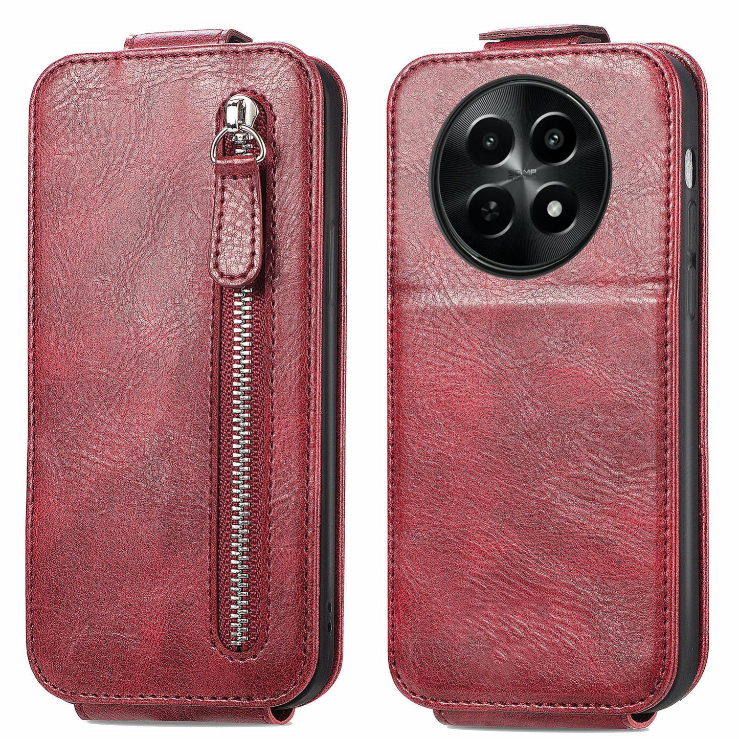 Realme 12 Zipper Wallet Case - Vertical Flip Leather Phone Cover with Multiple Card Slots and Stand