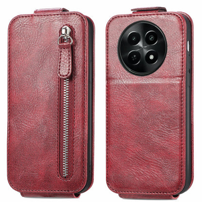 Realme 12 Zipper Wallet Case - Vertical Flip Leather Phone Cover with Multiple Card Slots and Stand