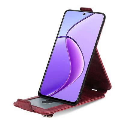 Realme 12 Zipper Wallet Case - Vertical Flip Leather Phone Cover with Multiple Card Slots and Stand