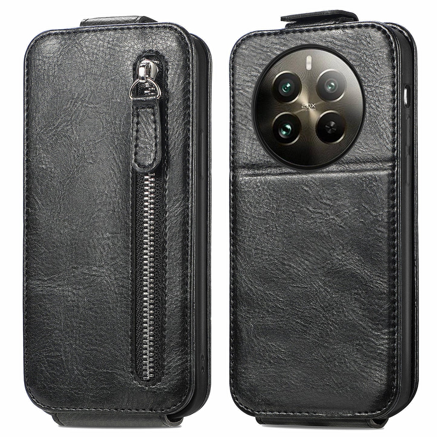 Realme 12+ Zipper Wallet Case - Vertical Flip Leather Phone Cover with Multiple Card Slots and Stand