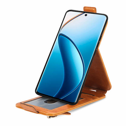 Realme 12+ Zipper Wallet Case - Vertical Flip Leather Phone Cover with Multiple Card Slots and Stand