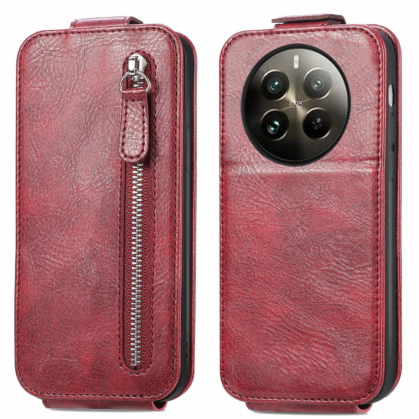 Realme 12+ Zipper Wallet Case - Vertical Flip Leather Phone Cover with Multiple Card Slots and Stand