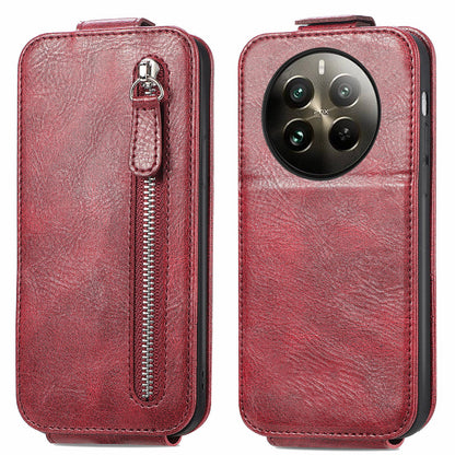 Realme 12+ Zipper Wallet Case - Vertical Flip Leather Phone Cover with Multiple Card Slots and Stand
