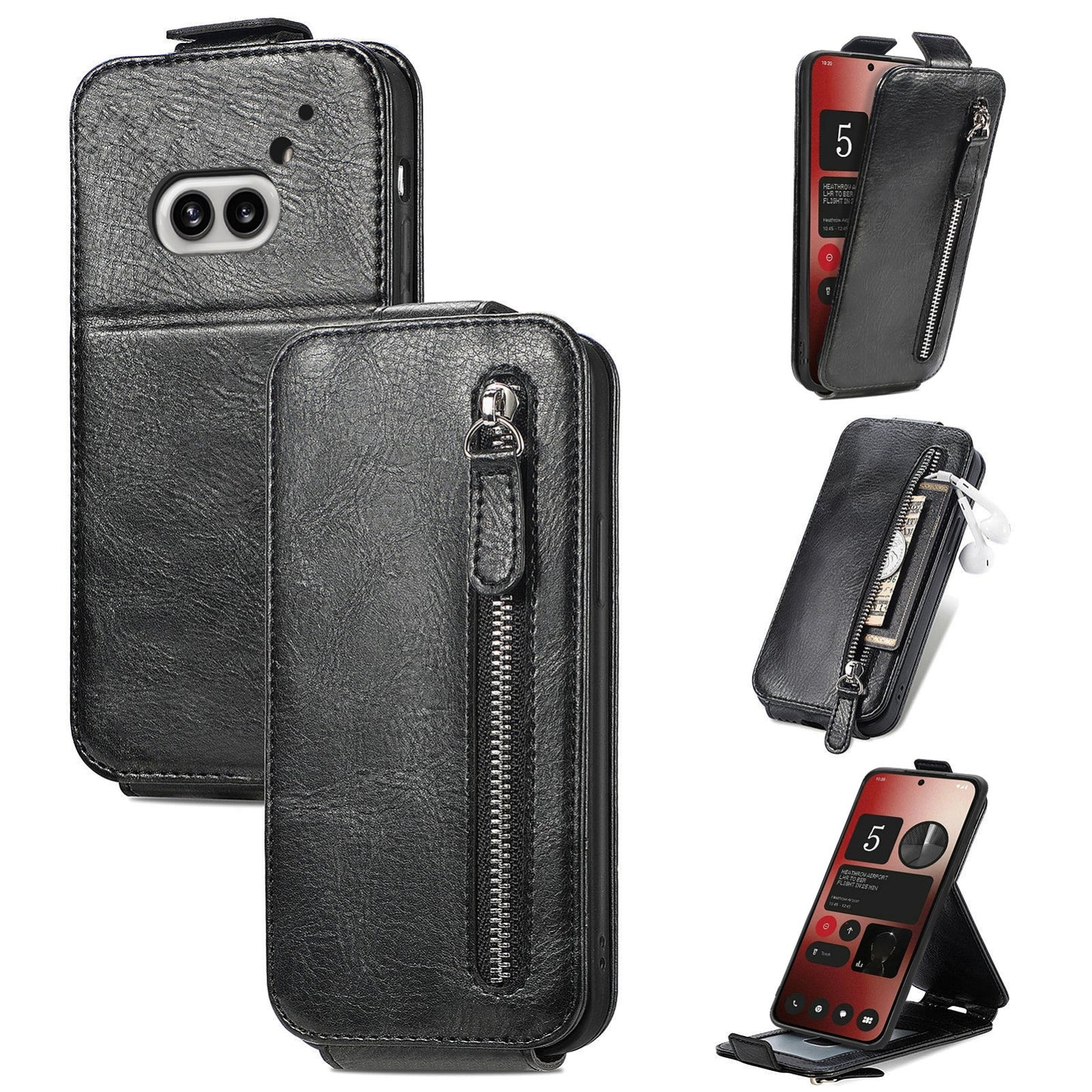 Nothing Phone 2a Zipper Wallet Case - Vertical Flip Leather Phone Cover with Multiple Card Slots and Stand