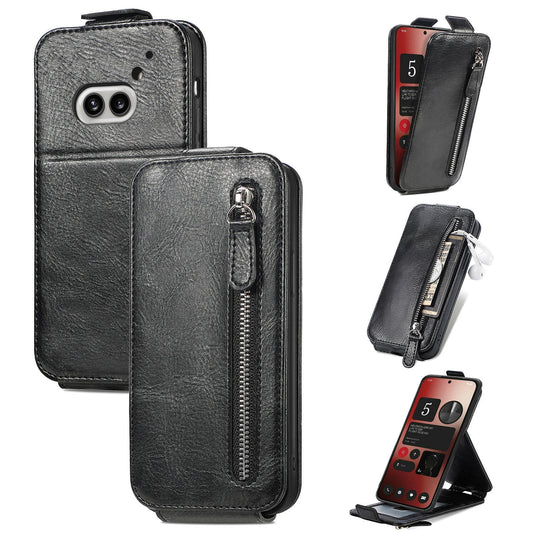 Nothing Phone 2a Zipper Wallet Case - Vertical Flip Leather Phone Cover with Multiple Card Slots and Stand