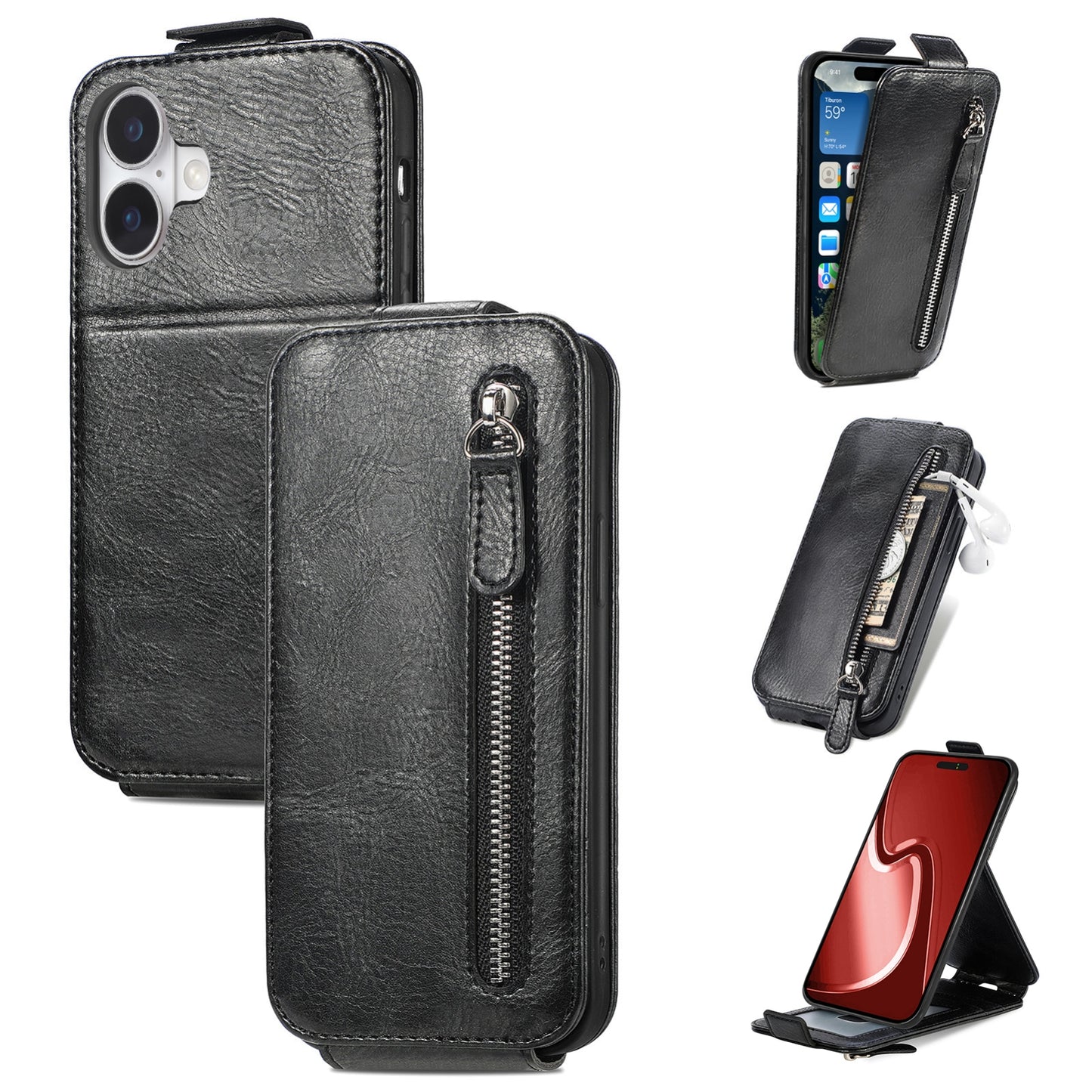 iPhone 16 Zipper Wallet Case - Vertical Flip Leather Phone Cover with Multiple Card Slots and Stand