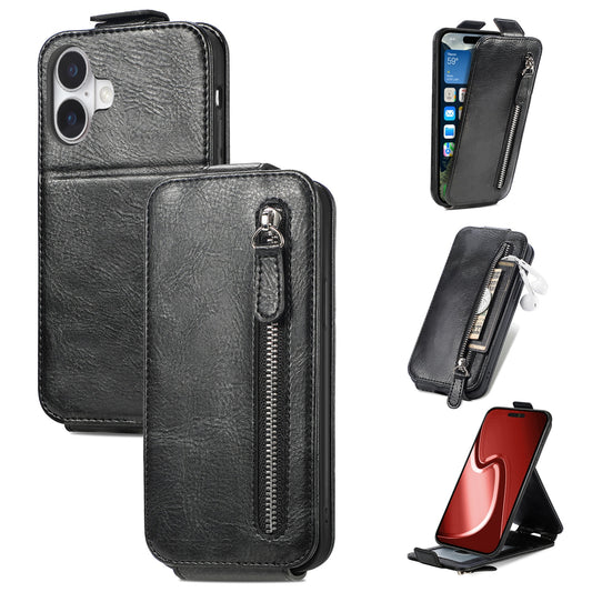 iPhone 16 Zipper Wallet Case - Vertical Flip Leather Phone Cover with Multiple Card Slots and Stand