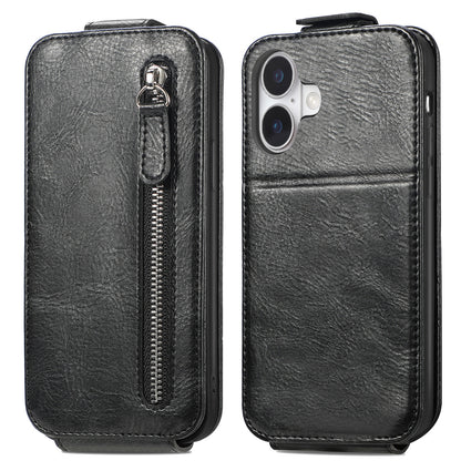 iPhone 16 Zipper Wallet Case - Vertical Flip Leather Phone Cover with Multiple Card Slots and Stand