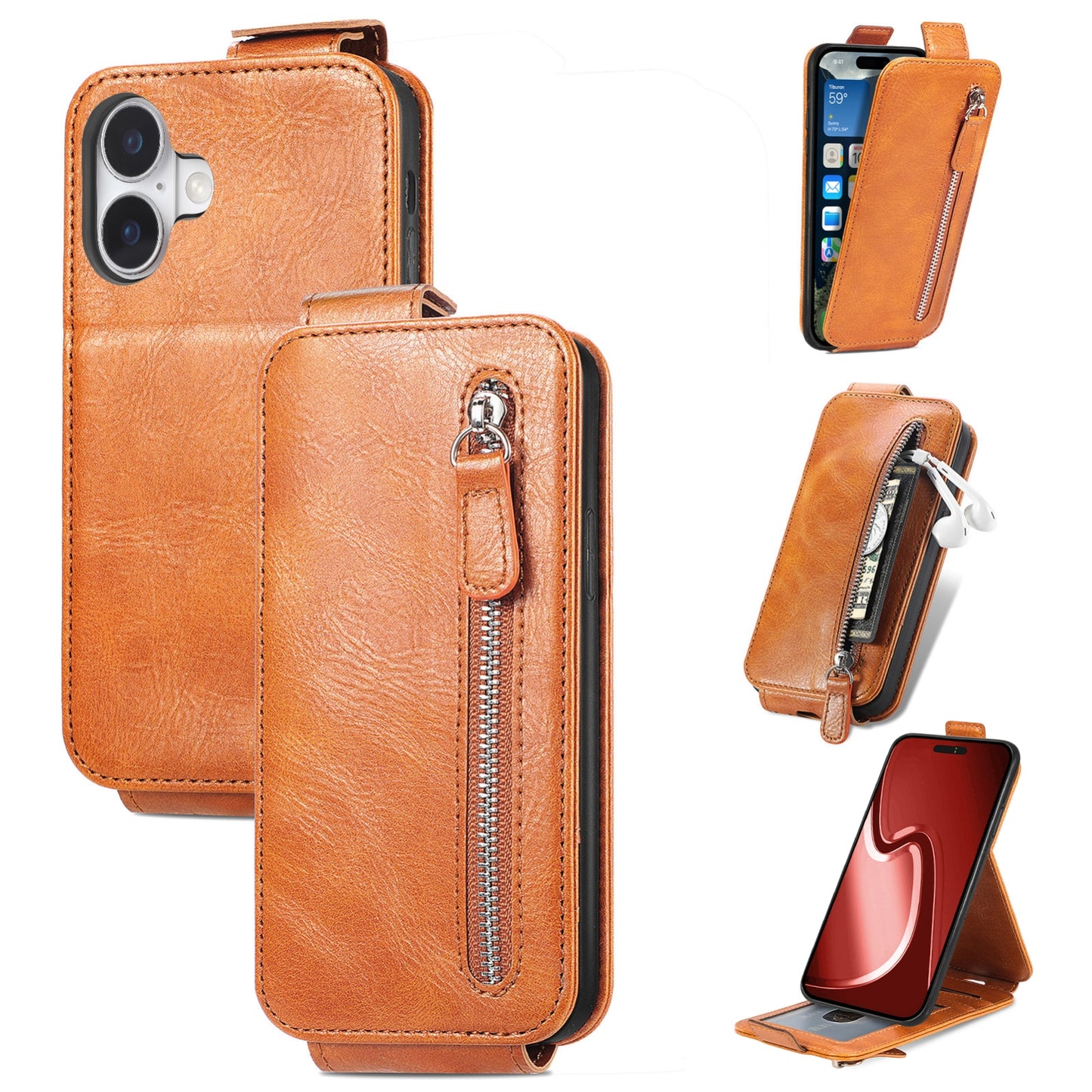 iPhone 16 Zipper Wallet Case - Vertical Flip Leather Phone Cover with Multiple Card Slots and Stand