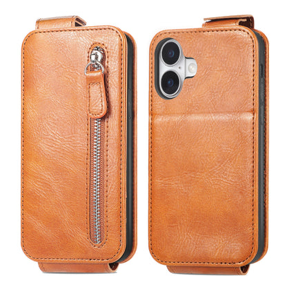 iPhone 16 Zipper Wallet Case - Vertical Flip Leather Phone Cover with Multiple Card Slots and Stand