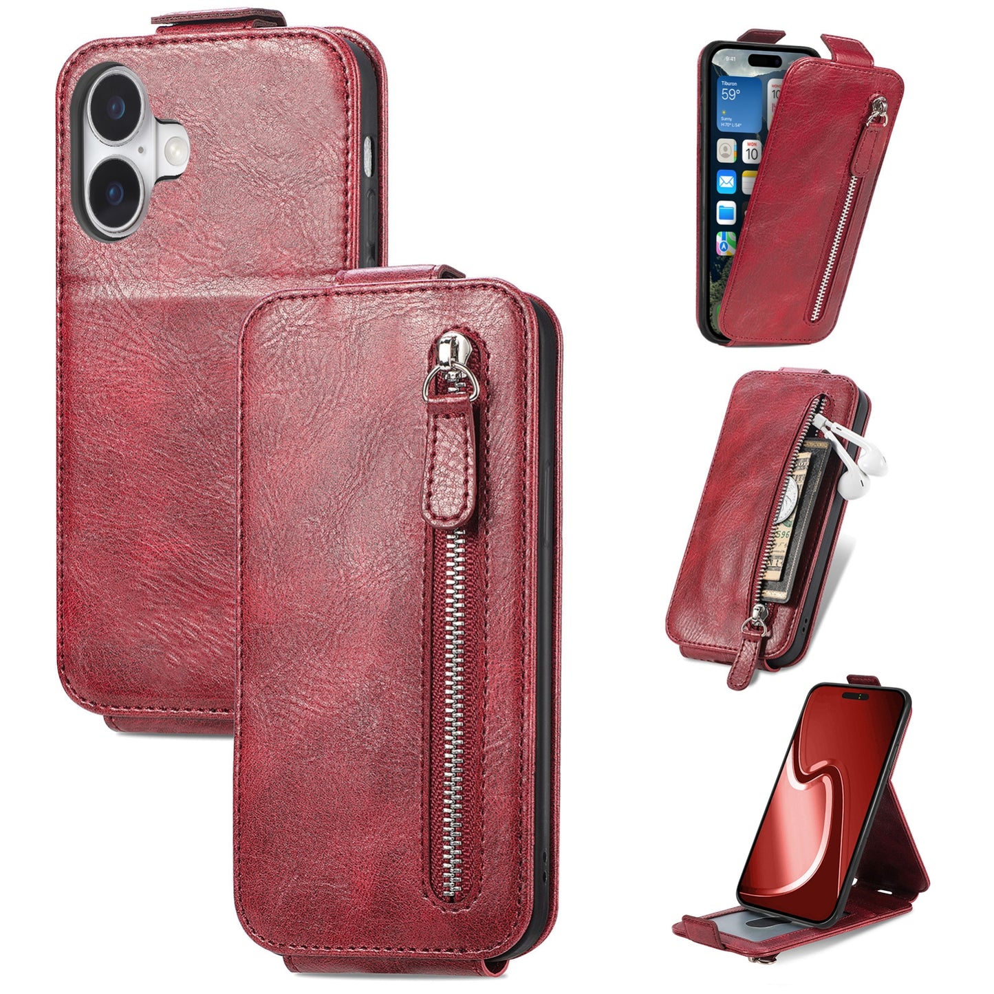 iPhone 16 Zipper Wallet Case - Vertical Flip Leather Phone Cover with Multiple Card Slots and Stand