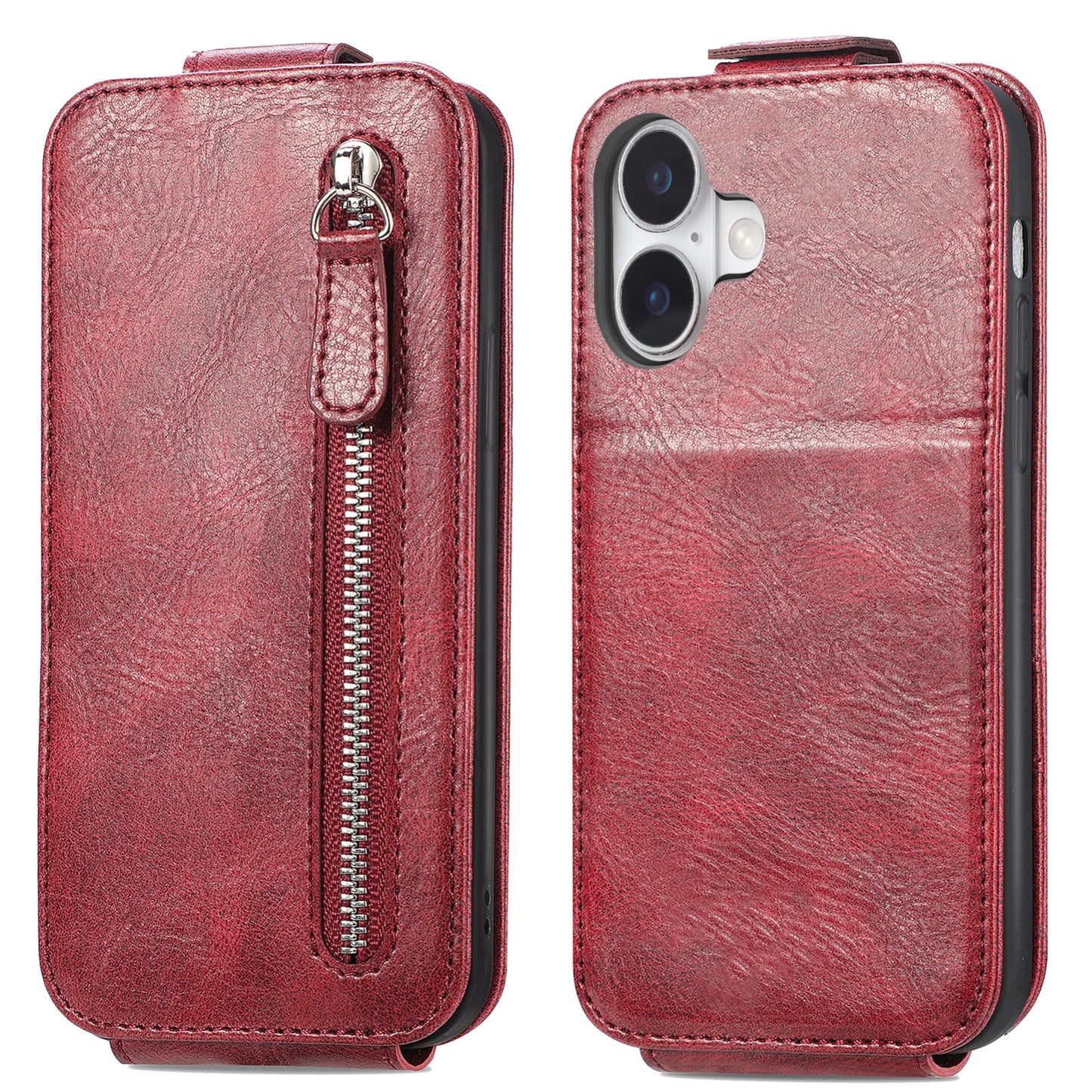 iPhone 16 Zipper Wallet Case - Vertical Flip Leather Phone Cover with Multiple Card Slots and Stand