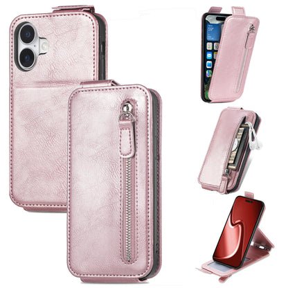 iPhone 16 Zipper Wallet Case - Vertical Flip Leather Phone Cover with Multiple Card Slots and Stand