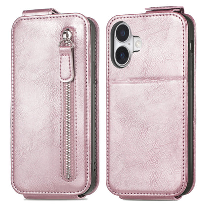 iPhone 16 Zipper Wallet Case - Vertical Flip Leather Phone Cover with Multiple Card Slots and Stand