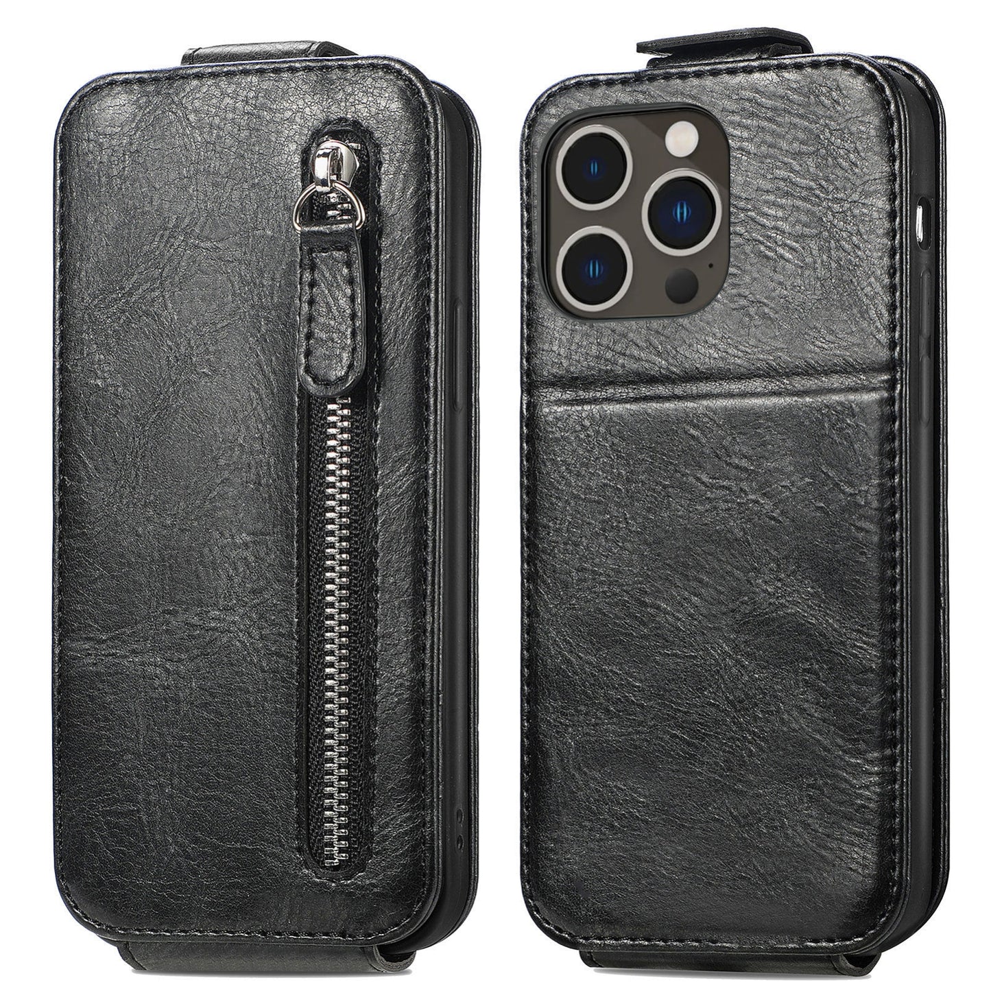iPhone 16 Pro Zipper Wallet Case - Vertical Flip Leather Phone Cover with Multiple Card Slots and Stand