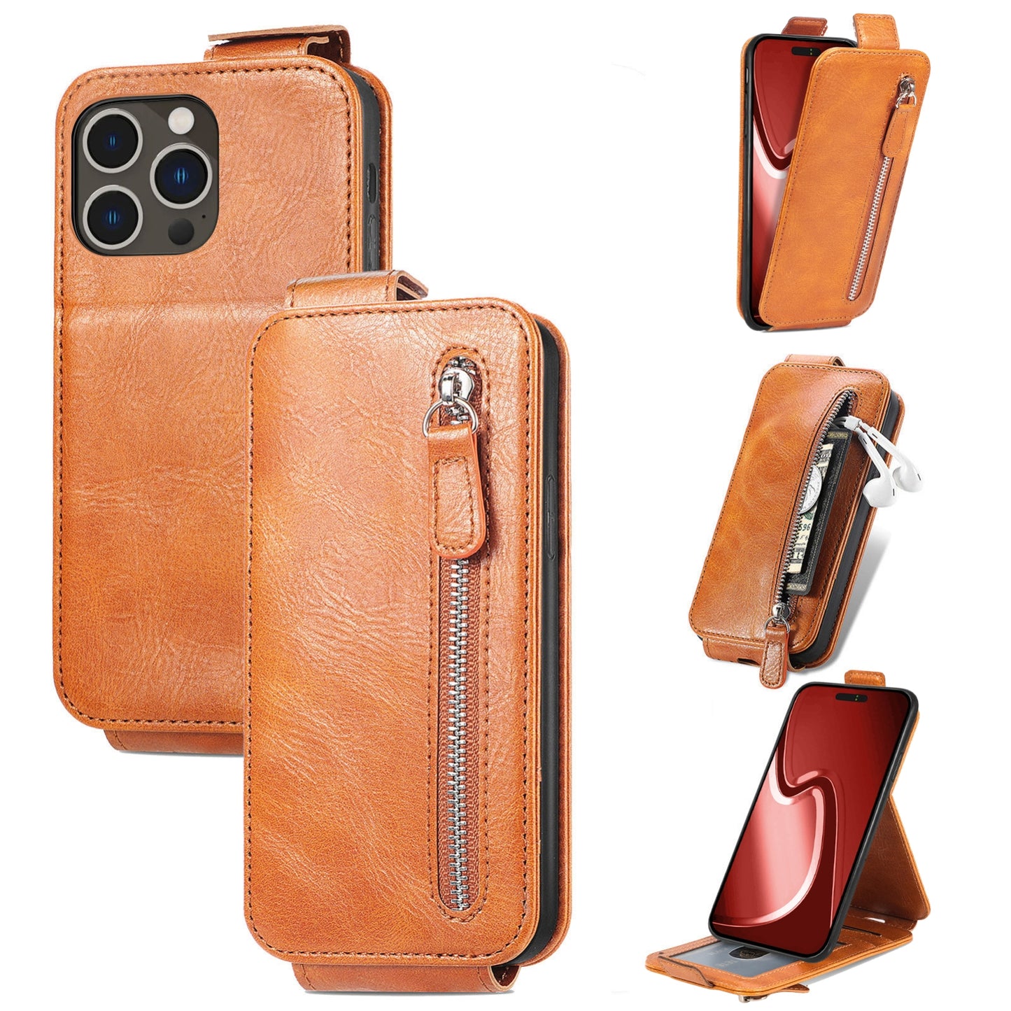iPhone 16 Pro Zipper Wallet Case - Vertical Flip Leather Phone Cover with Multiple Card Slots and Stand