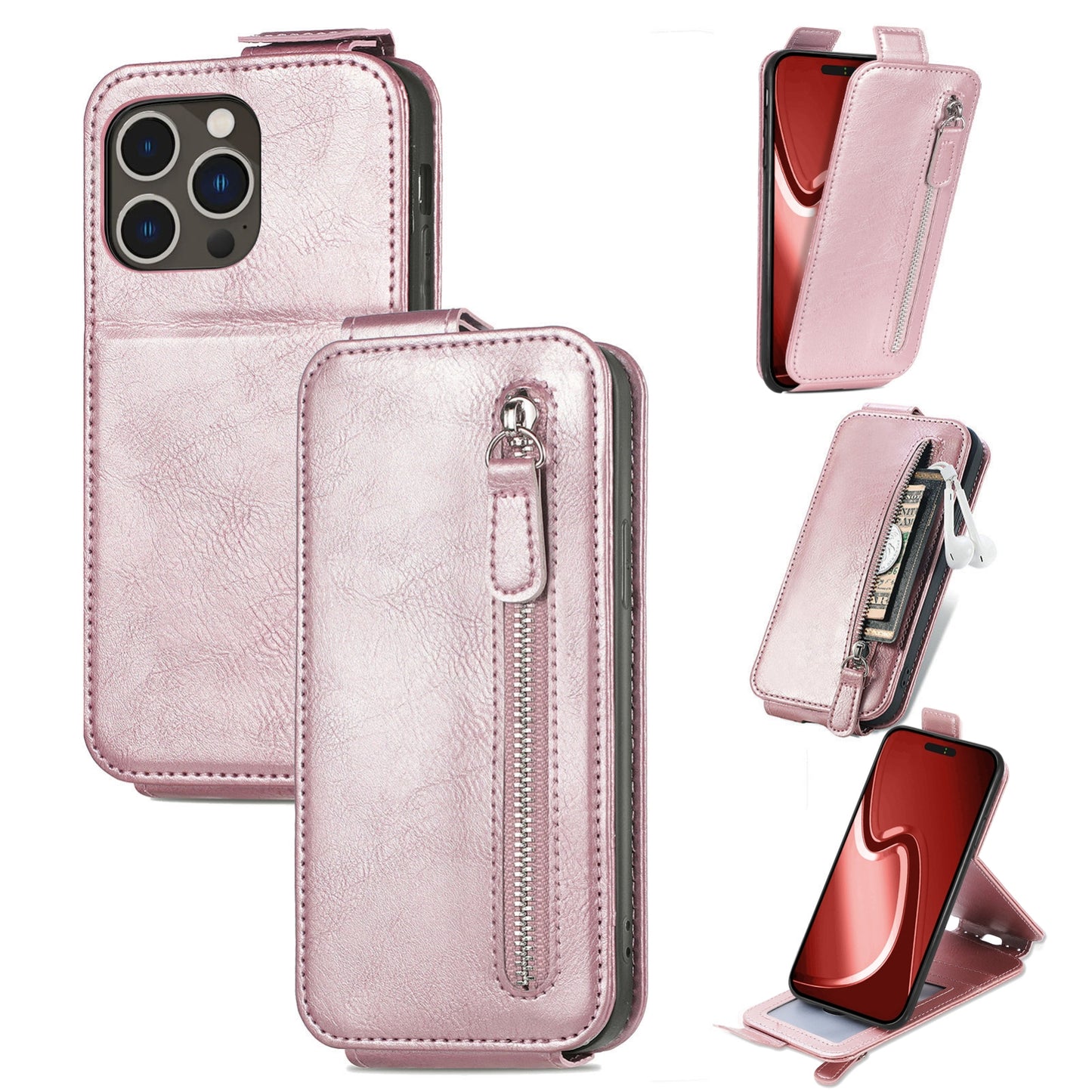 iPhone 16 Pro Zipper Wallet Case - Vertical Flip Leather Phone Cover with Multiple Card Slots and Stand